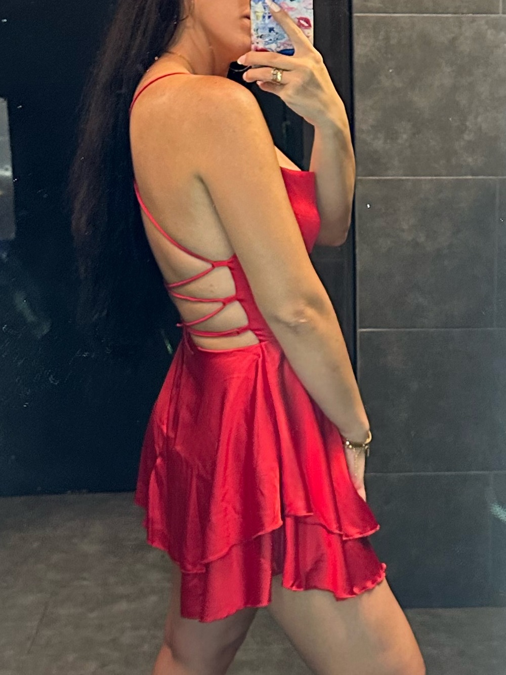 Red Strappy Ruffle Mini Dress - Picture 1 of 2